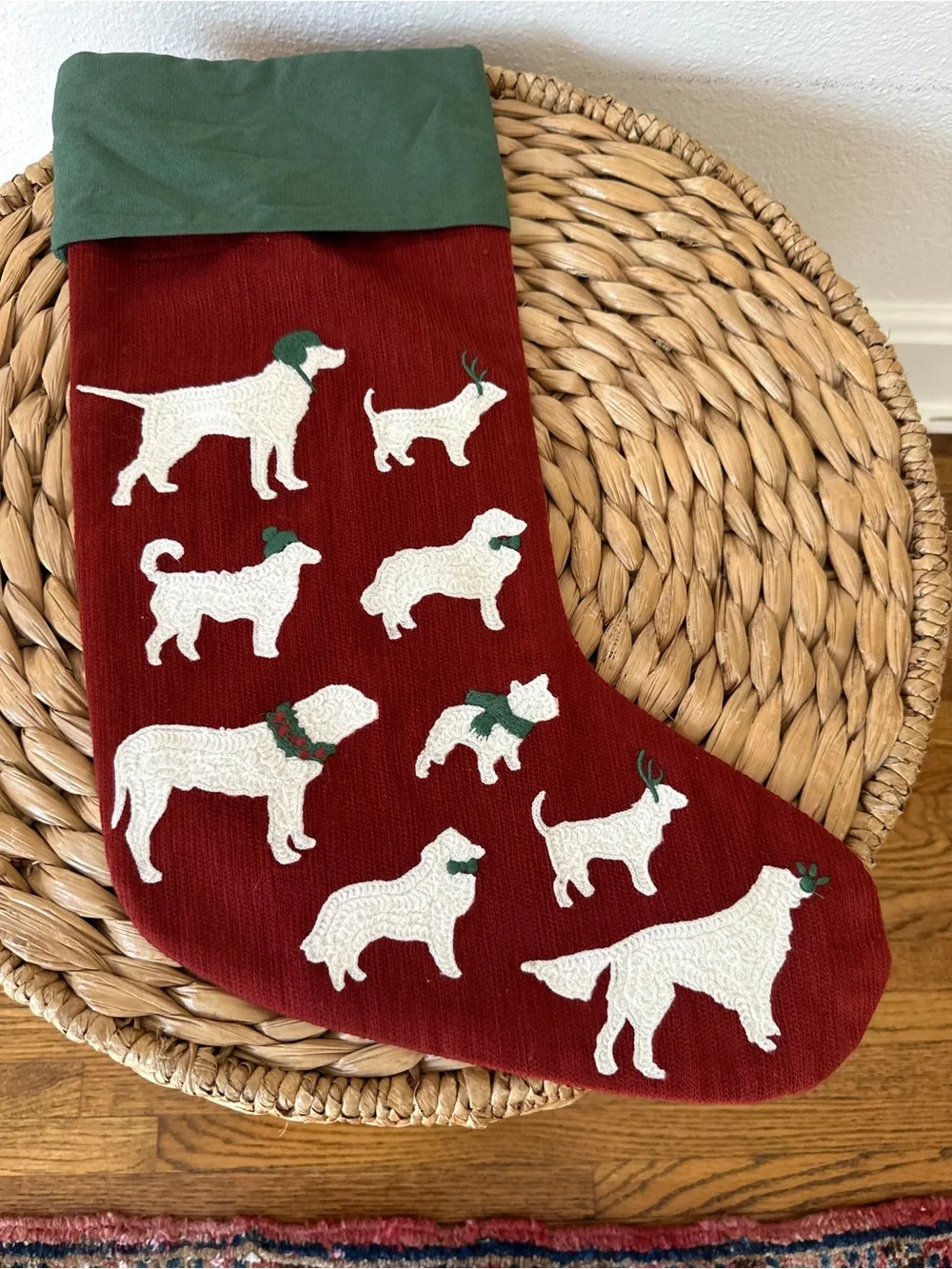 Pottery Barn Dogs Crewel Embroidered Christmas Stocking Red Green Like New